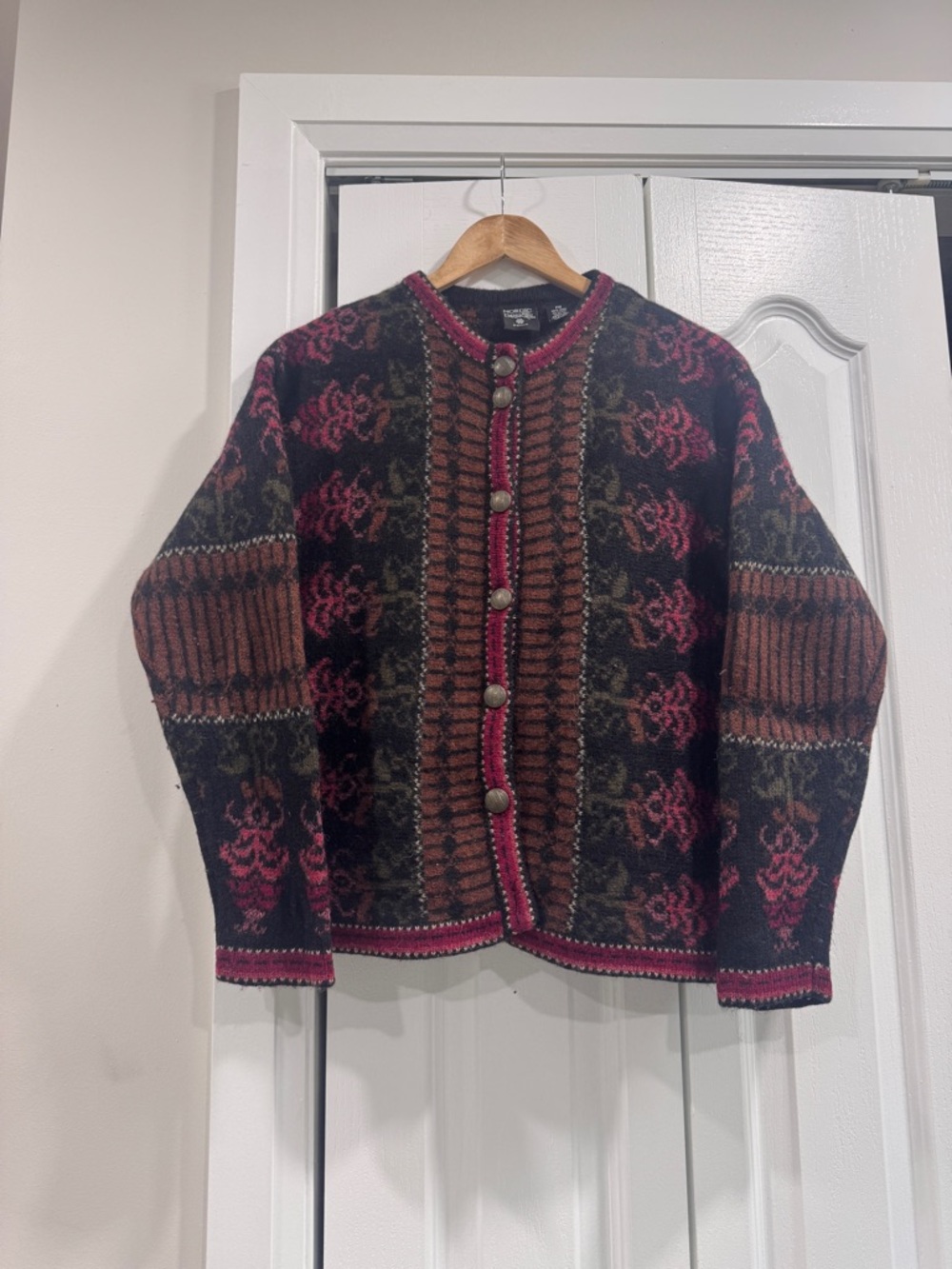 Vintage-Inspired Women's Button Cardigan Sweater - Pink & Brown - 100% Wool